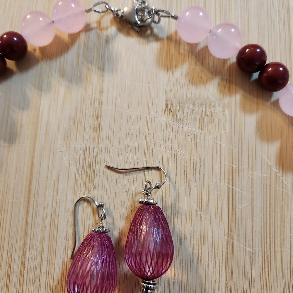 Hand Crafted Pink and Burgundy Beaded Jewelry Set Pierced Earrings and Necklace